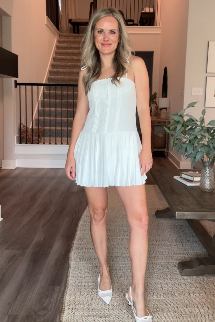 white pleated mini dress outfit